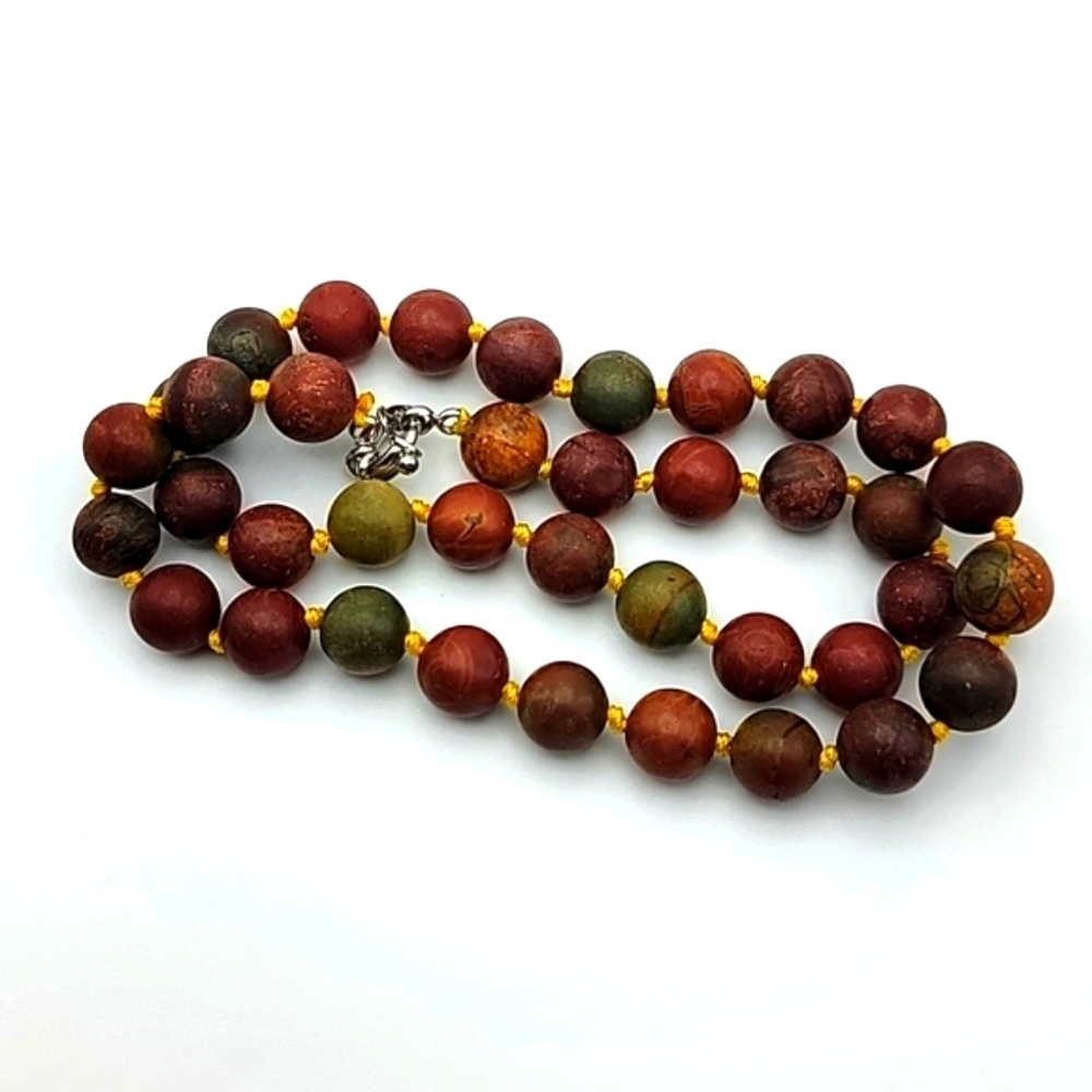18" Picasso Stone Jasper Unisex Natural Gemstone Necklace Hand Knotted Beaded